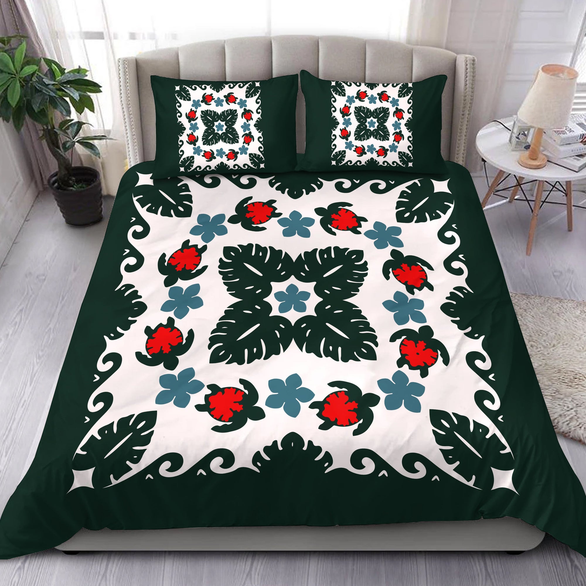 Hawaiian Quilt Monstera Leaves And Turtle Bedding Set - AH Green - Polynesian Pride