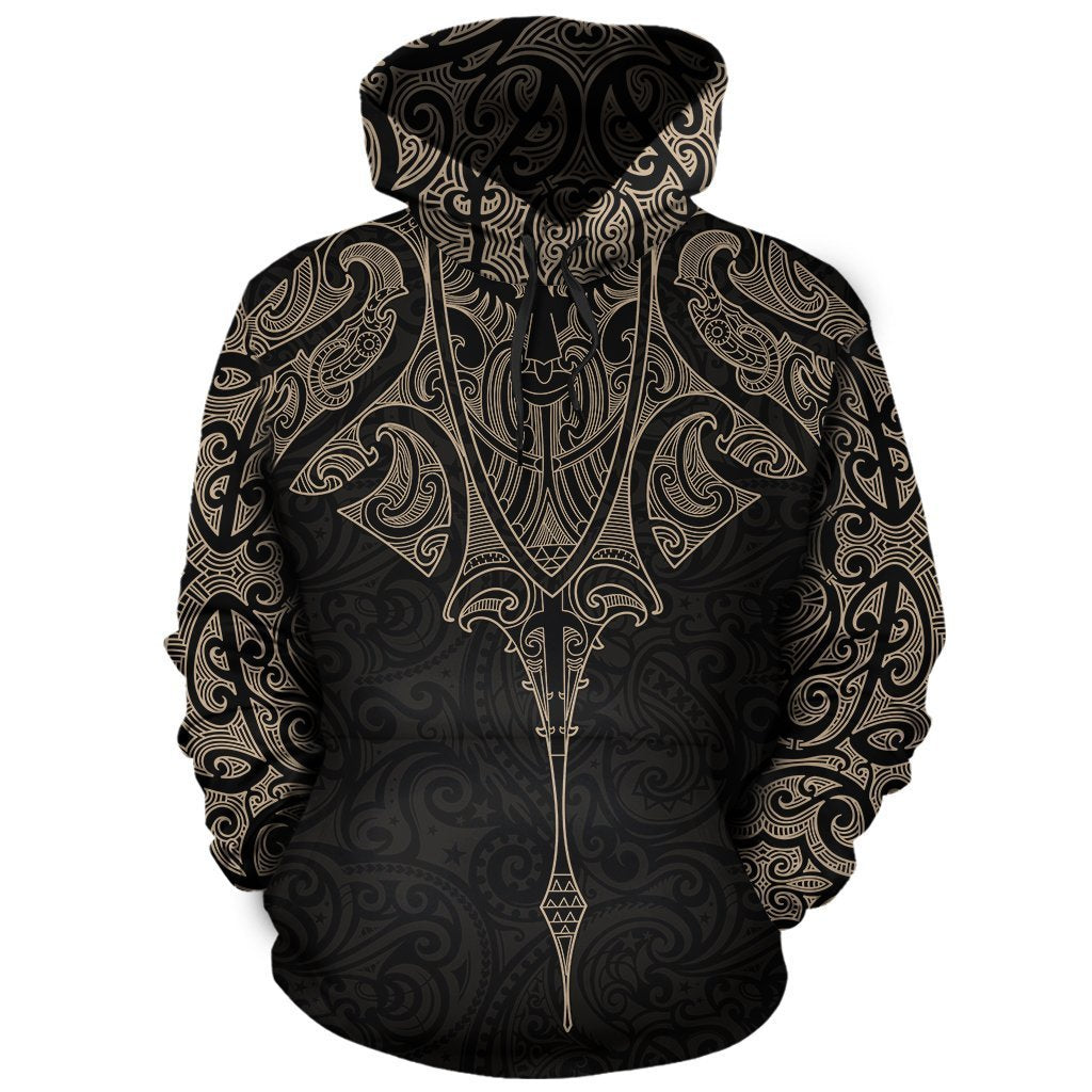 New Zealand Hoodie Manta Maori Ta Moko Gold Unisex Black - Polynesian Pride