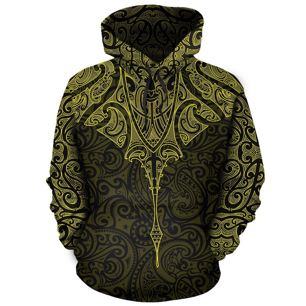 New Zealand Hoodie Manta Maori Ta Moko Yellow Unisex Black - Polynesian Pride