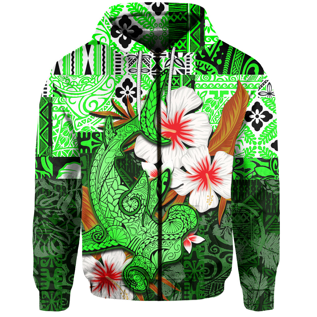 Custom Hammerhead shark Zip Hoodie Hawaii Style Green LT6 Unisex Green - Polynesian Pride