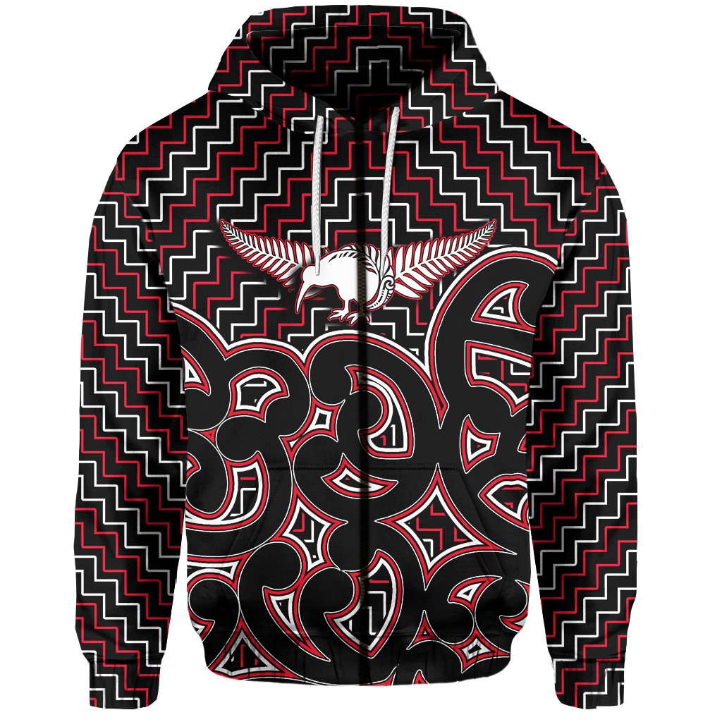 New Zealand Zip Hoodie Maori Graphic Tee patterns Red LT6 Unisex Red - Polynesian Pride