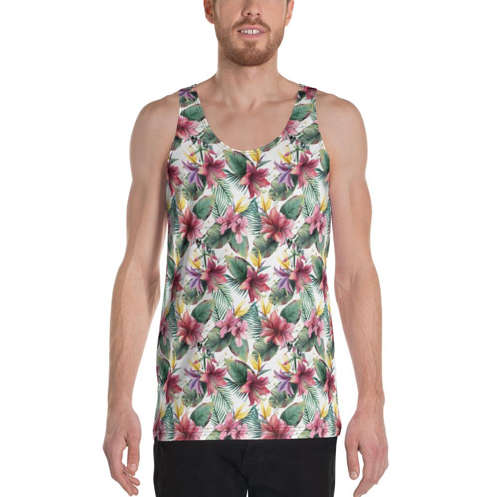 Tropical Palm Leaf White Hawaii Men's Tank Top AH White - Polynesian Pride