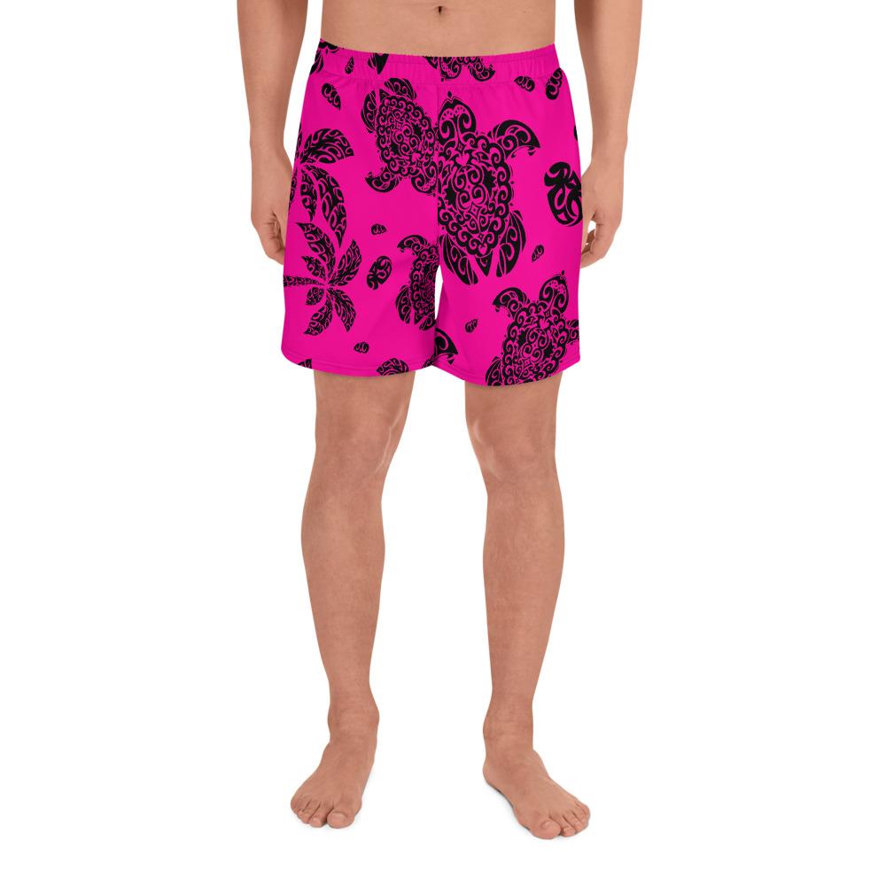 Polynesian Turtle Palm And Sea Pebbles Pink Men's Athletic Long Shorts Art - Polynesian Pride