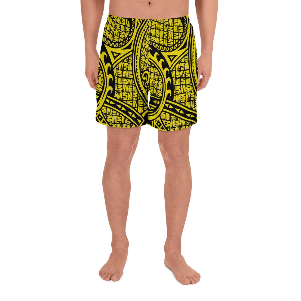 Polynesian Maori Lauhala Yellow Men's Athletic Long Shorts Art - Polynesian Pride