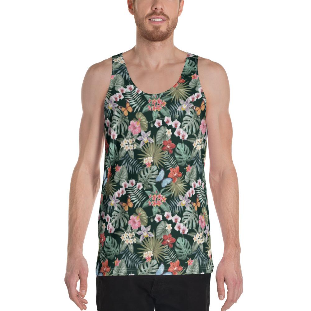 Tropical Plumeria Pattern With Palm Leaves Hawaii Men's Tank Top AH White - Polynesian Pride