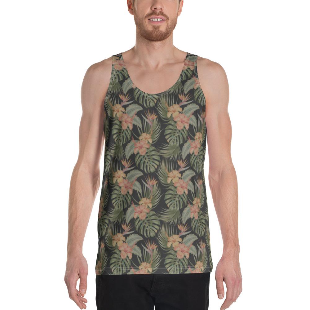 Tropical Hibiscus Monstera Leaf Hawaii Men's Tank Top AH White - Polynesian Pride