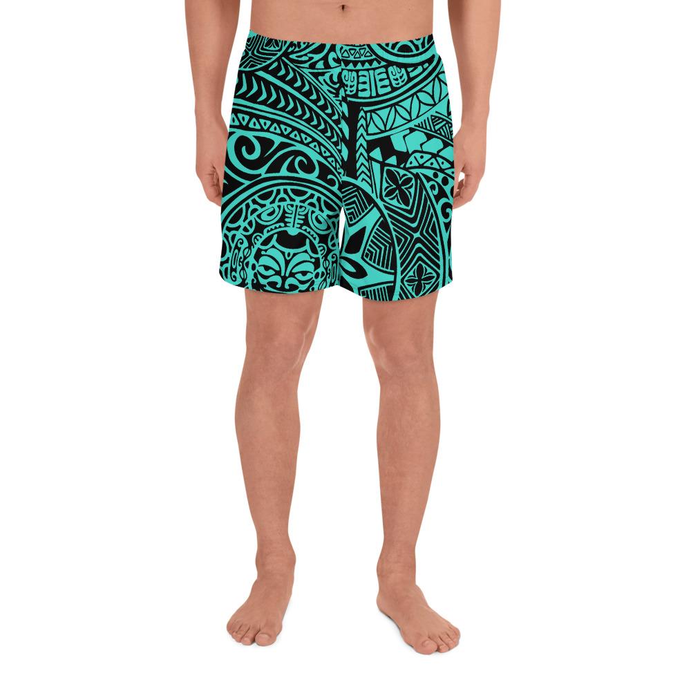 Polynesian Hawaiian Style Tribal Tattoo Turquoise Men's Athletic Long Shorts Art - Polynesian Pride