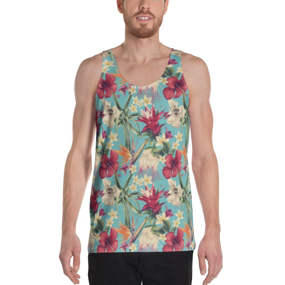 Hawaii Seamless Floral Pattern With Tropical Hibiscus, Watercolor - Hawaii Men's Tank Top AH White - Polynesian Pride