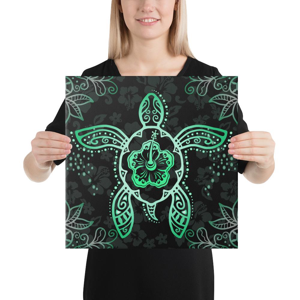 Turtle Hibiscus Green Canvas 16x16 Canvas Green - Polynesian Pride