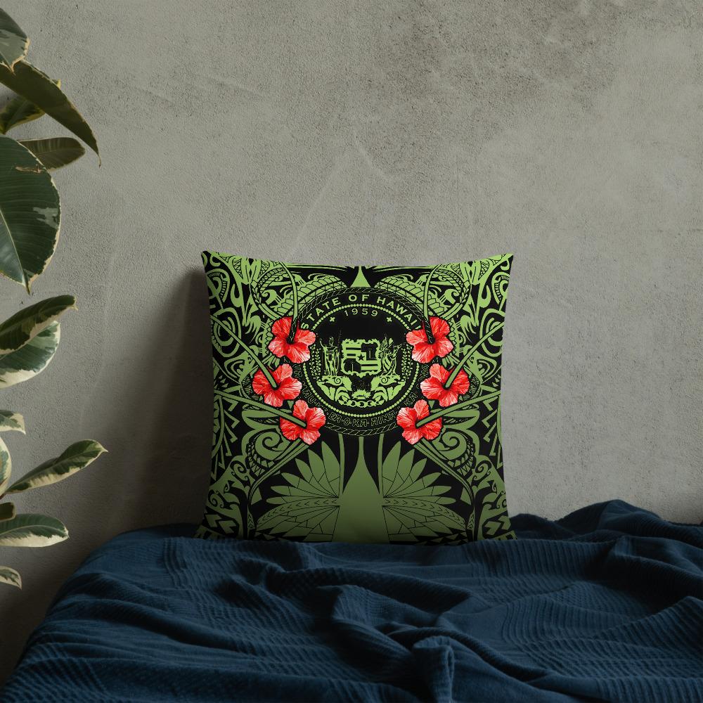 Hawaii Pillow - Coat Of Arms With Hibiscus Flowers 18×18 Black Pillow - Polynesian Pride