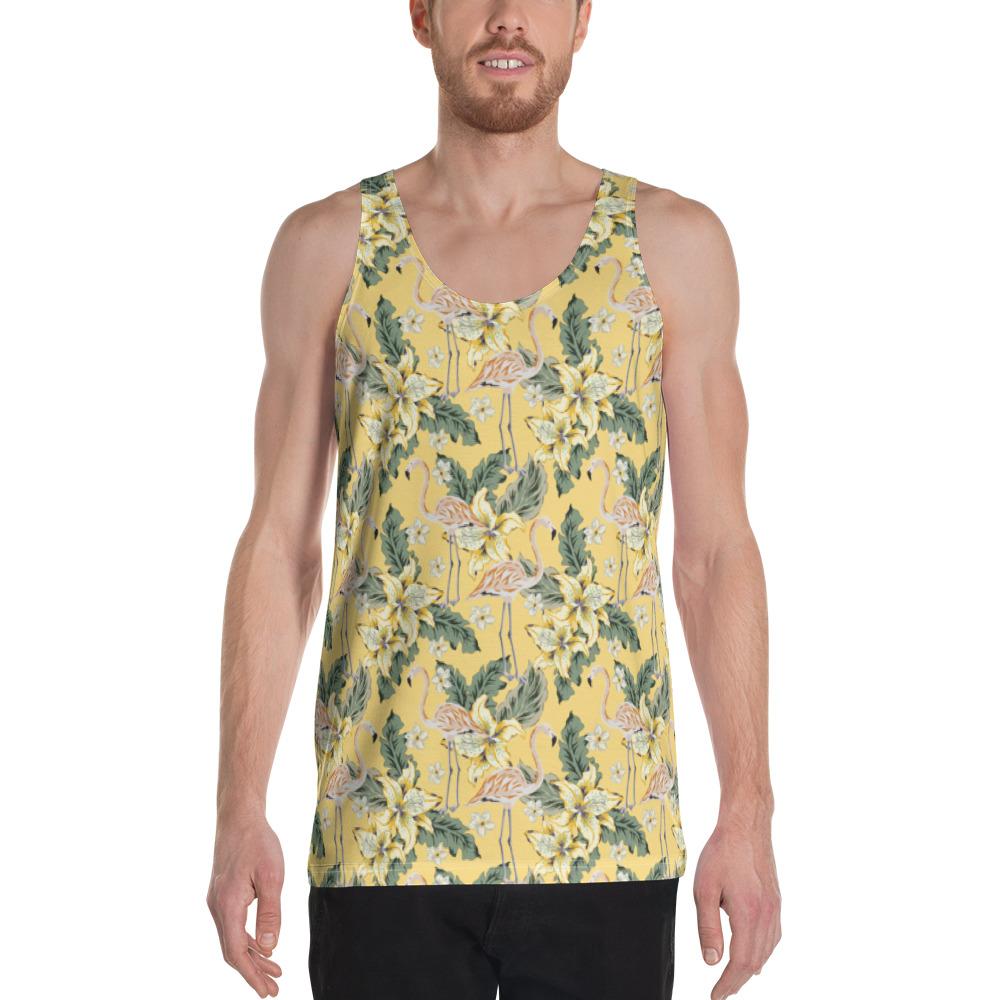 Tropical Flamingo Yellow Hawaii Men's Tank Top AH White - Polynesian Pride