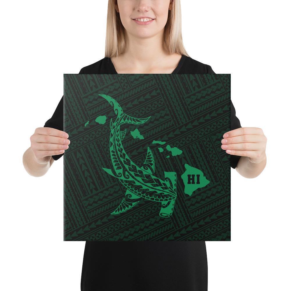 Hawaiian Map Hammerhead Shark Polynesian Canvas Green 16x16 Canvas Green - Polynesian Pride