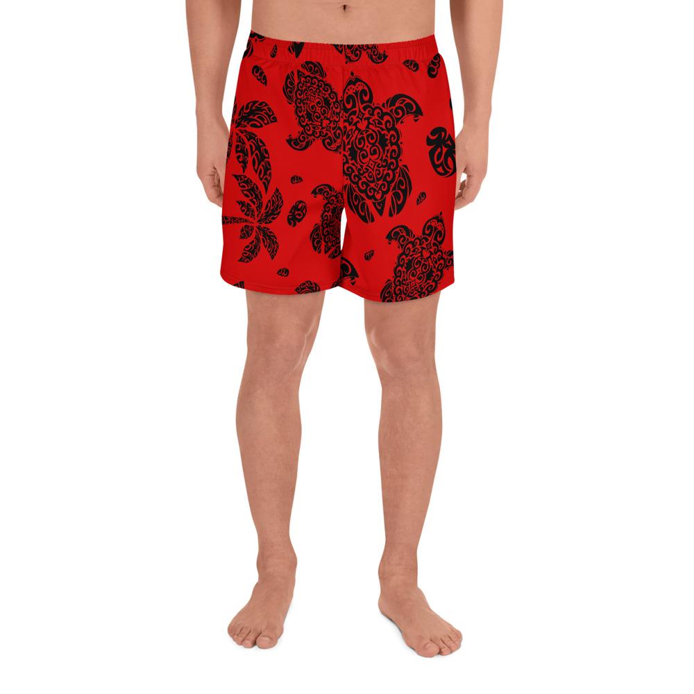 Polynesian Turtle Palm And Sea Pebbles Red Men's Athletic Long Shorts Art - Polynesian Pride