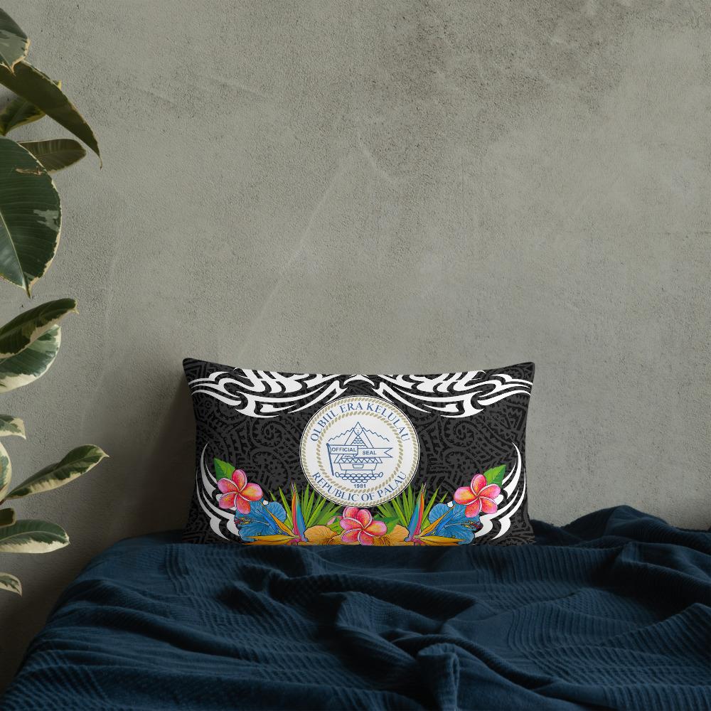 Palau Pillow - Coat Of Arms With Tropical Flowers 20×12 Black Pillow - Polynesian Pride