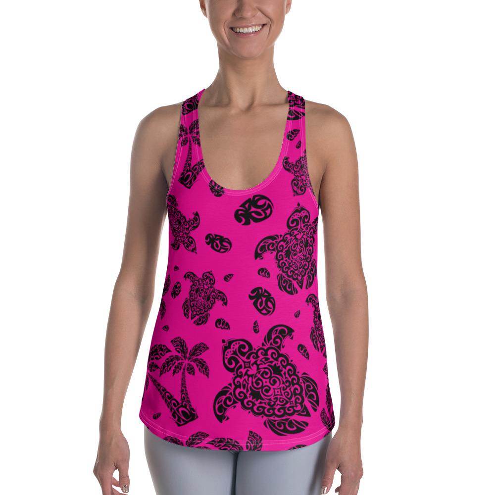 Polynesian Turtle Palm And Sea Pebbles Pink Hawaii Women's Racerback Tank Top Art - Polynesian Pride