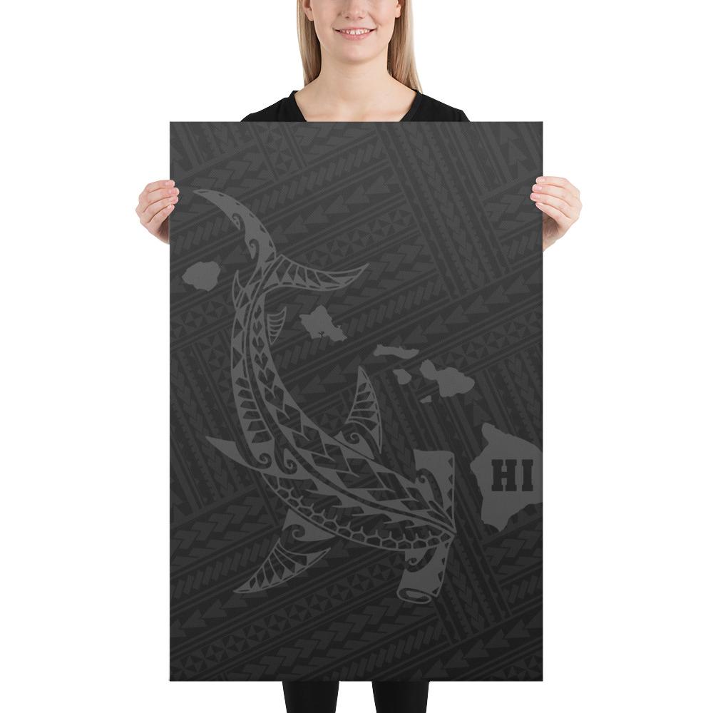 Hawaiian Map Hammerhead Shark Polynesian Canvas Gray 24x36 Canvas Gray - Polynesian Pride