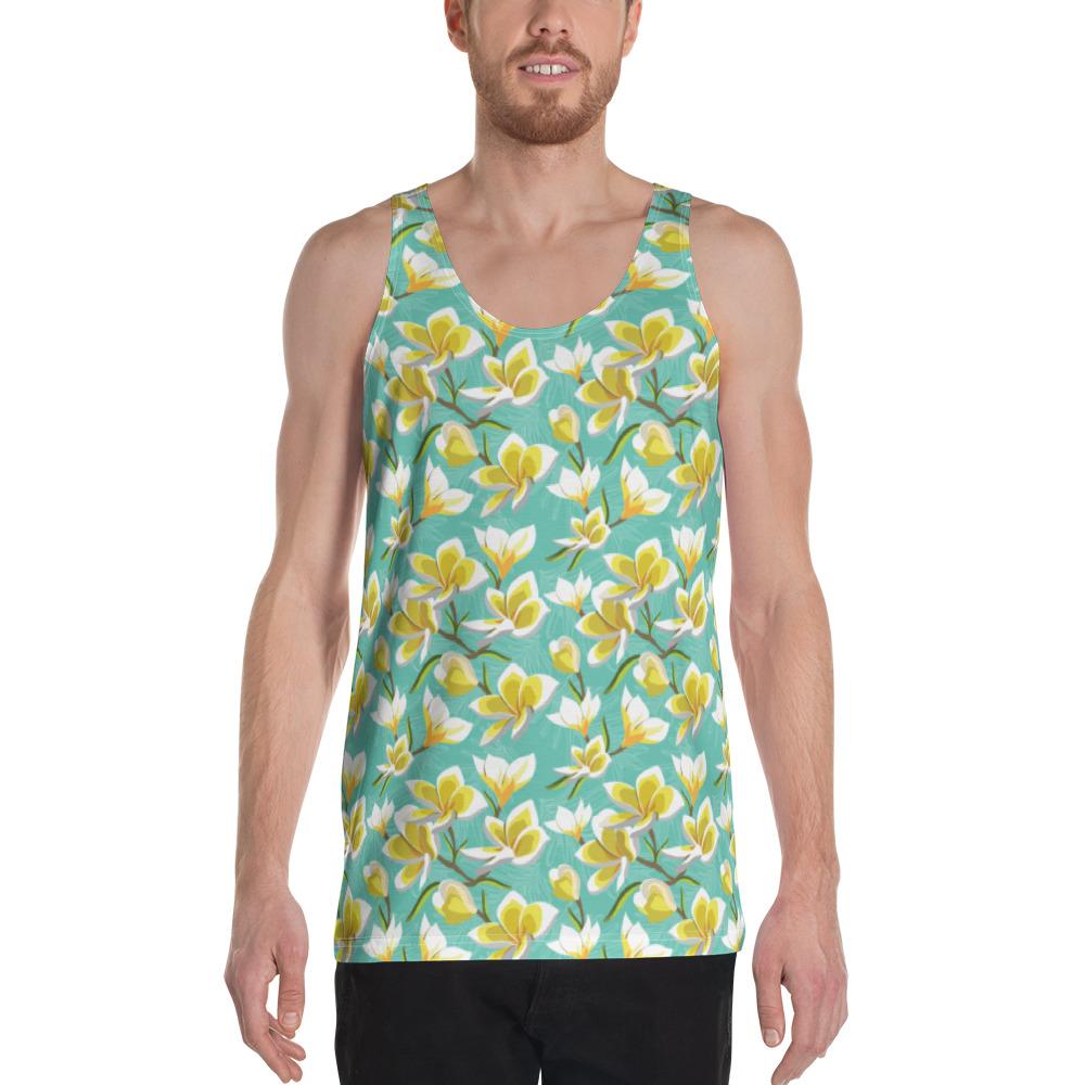 Tropical Plumeria Blue Hawaii Men's Tank Top AH White - Polynesian Pride