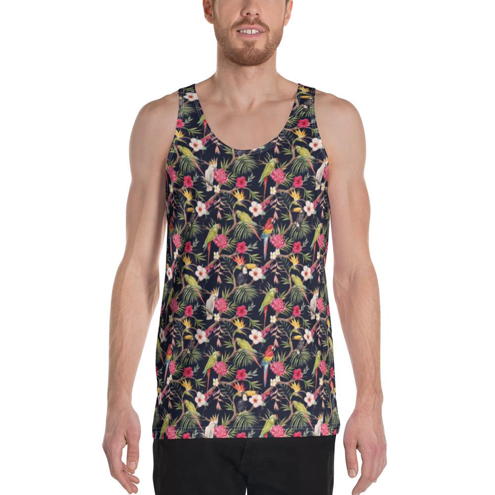 Tropical Hibiscus, Strelitzia Palm Leaves Hawaii Men's Tank Top AH White - Polynesian Pride