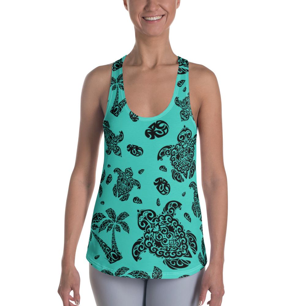 Polynesian Turtle Palm And Sea Pebbles Turquoise Hawaii Women's Racerback Tank Top Art - Polynesian Pride