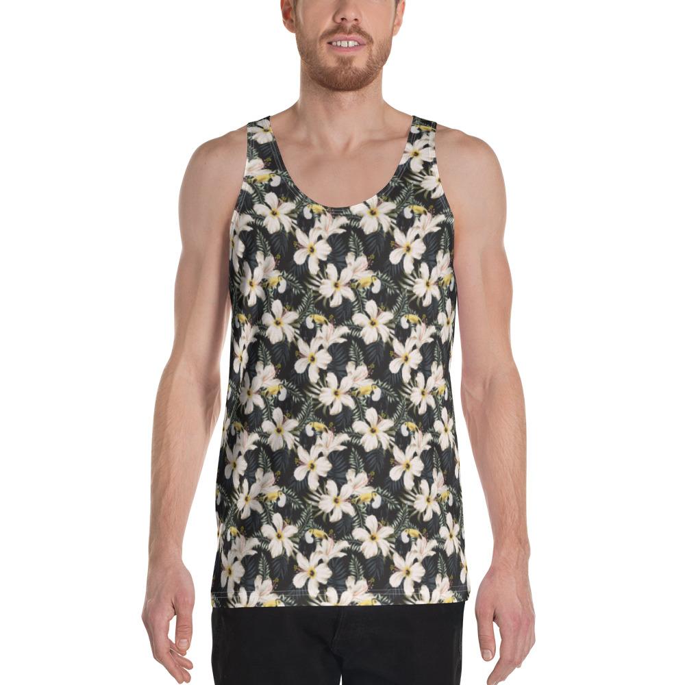 Tropical Toucans Hibiscus Palm Leaves Hawaii Men's Tank Top AH White - Polynesian Pride