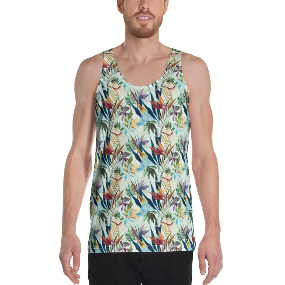 Hawaii Seamless Tropical Flower Plant And Leaf - Hawaii Men's Tank Top AH White - Polynesian Pride