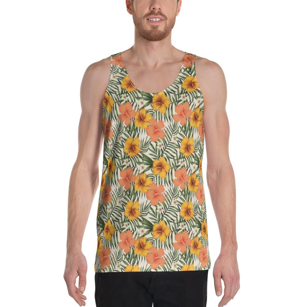 Tropical Flowers Hibiscus Pink Yellow Hawaii Men's Tank Top AH White - Polynesian Pride