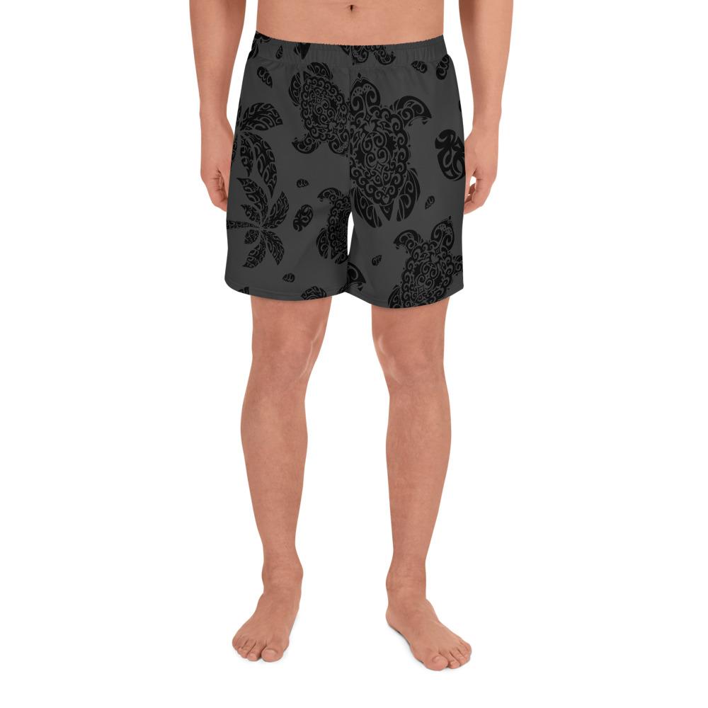 Polynesian Turtle Palm And Sea Pebbles Gray Men's Athletic Long Shorts Art - Polynesian Pride