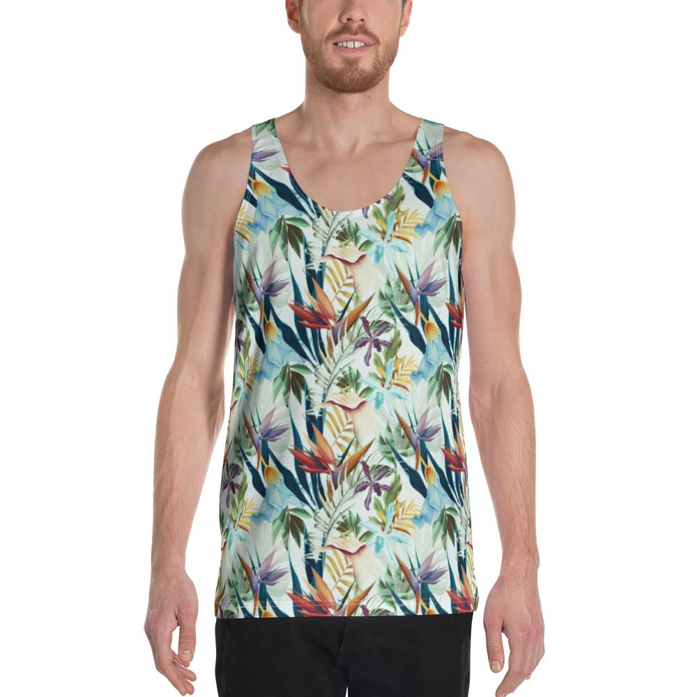 Tropical Flower, Plant And Leaf Pattern Hawaii Men's Tank Top AH White - Polynesian Pride