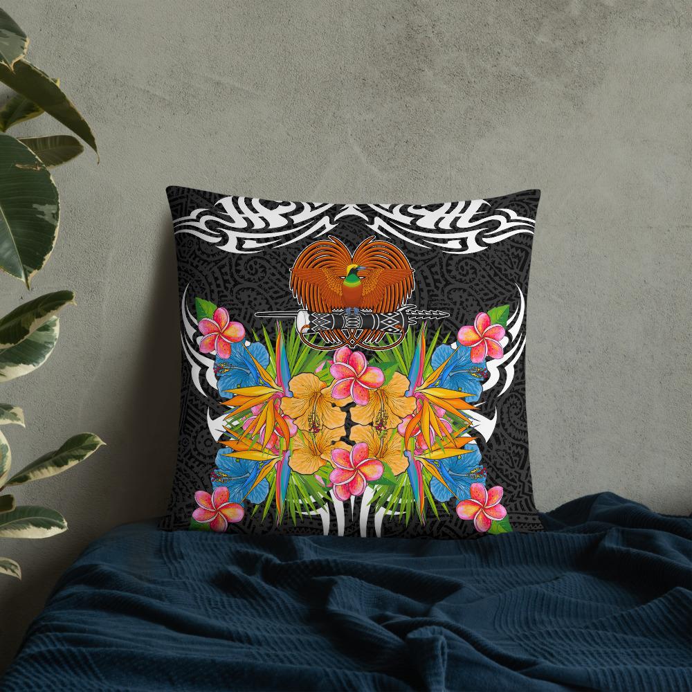 Papua New Guinea Pillow - Coat Of Arms With Tropical Flowers 22×22 Black Pillow - Polynesian Pride