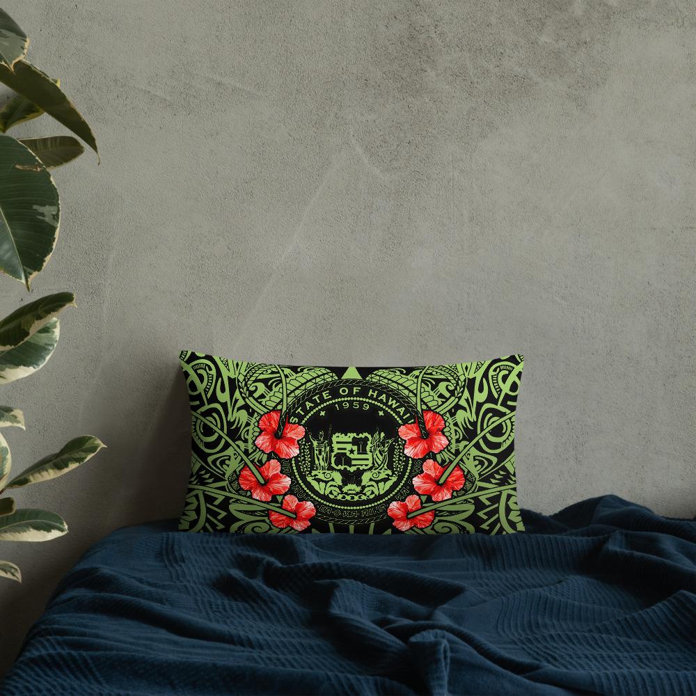 Hawaii Pillow - Coat Of Arms With Hibiscus Flowers 20×12 Black Pillow - Polynesian Pride