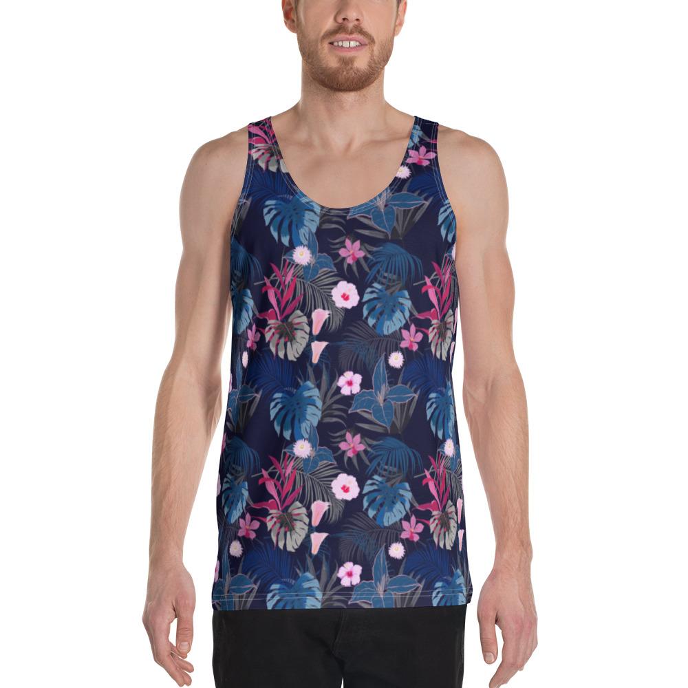 Tropical Palm Tree And Flower Hawaii Men's Tank Top AH White - Polynesian Pride