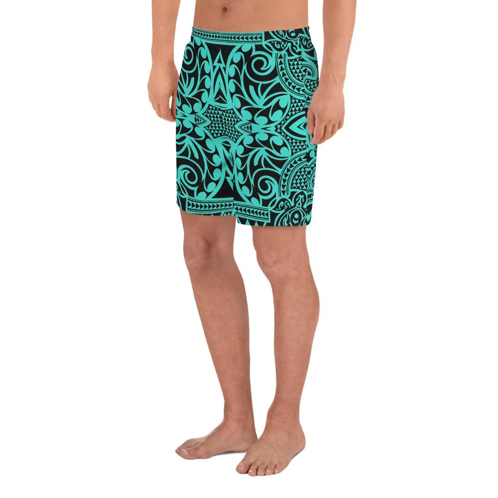 Polynesian Kakau Turtle Turquoise Men's Athletic Long Shorts - Polynesian Pride