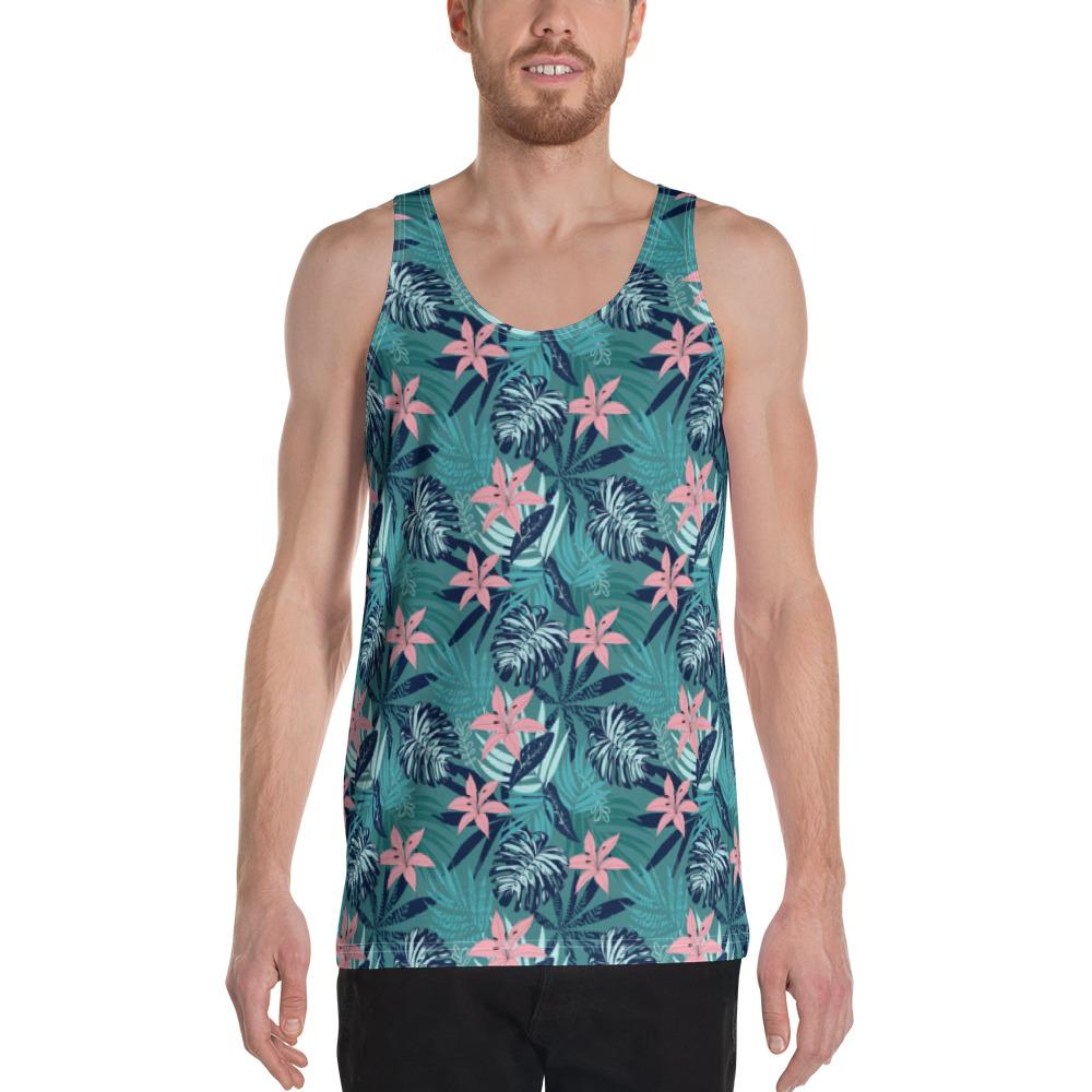 Hawaii Tropical Monstera Leaf Blue - Hawaii Men's Tank Top AH White - Polynesian Pride