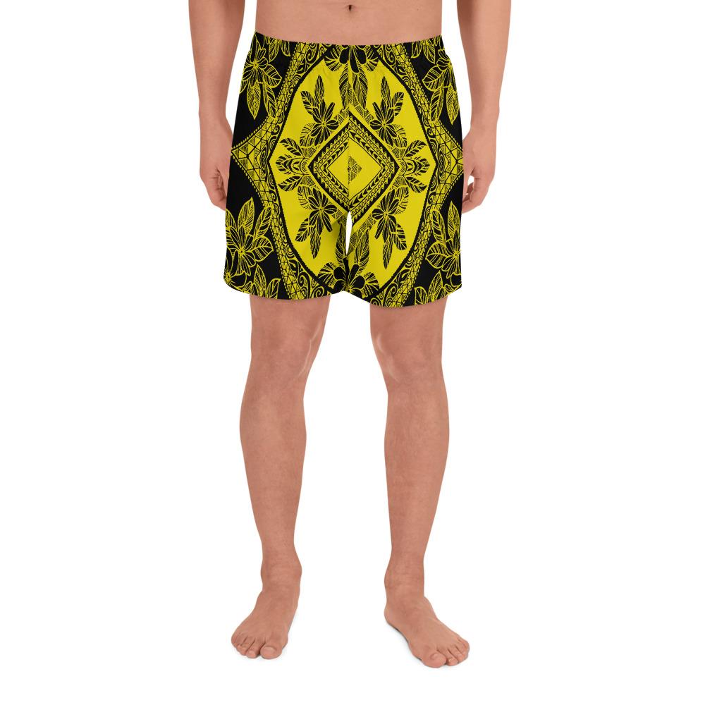 Polynesian Plumeria Mix Yellow Black Men's Athletic Long Shorts Art - Polynesian Pride