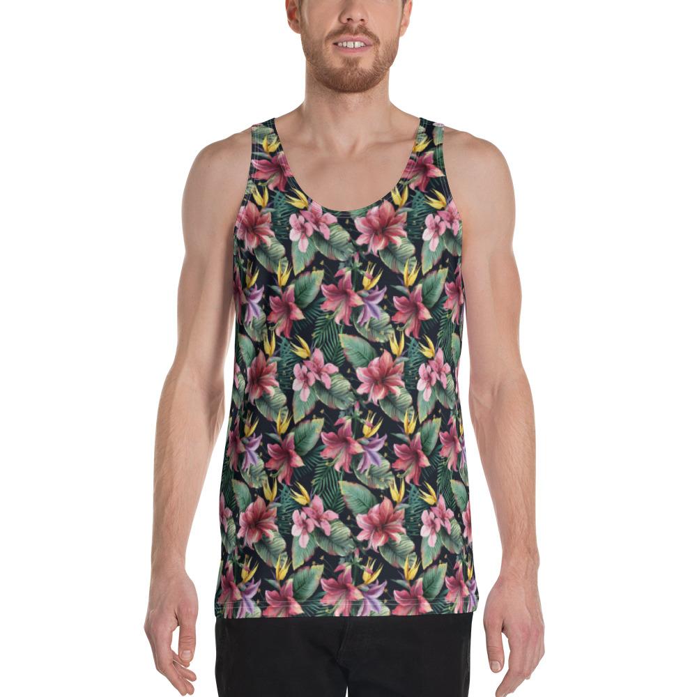 Tropical Flowers, Palm And Leaves Hawaii Men's Tank Top AH White - Polynesian Pride