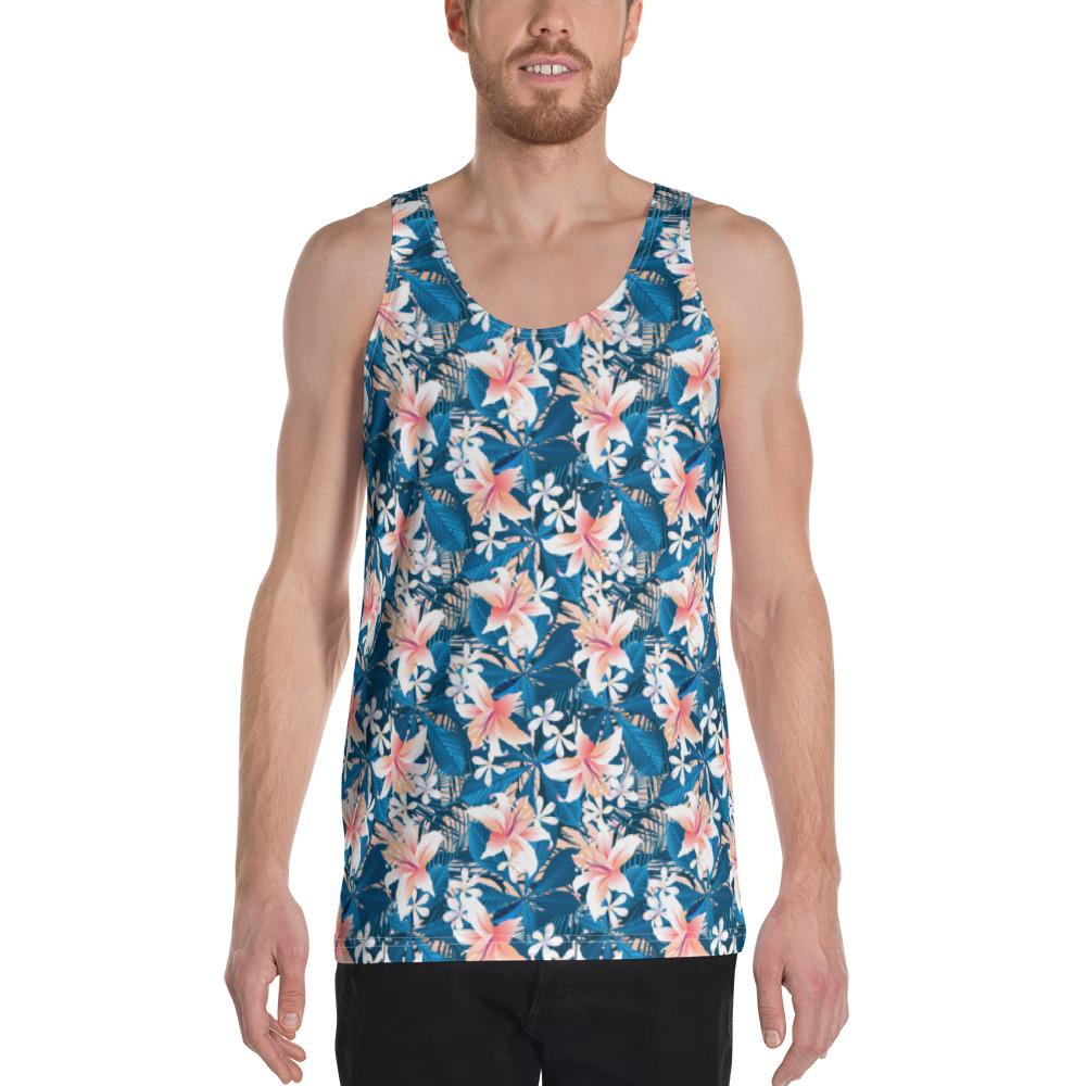 Hawaii Tropical Hibiscus Blue - Hawaii Men's Tank Top AH White - Polynesian Pride