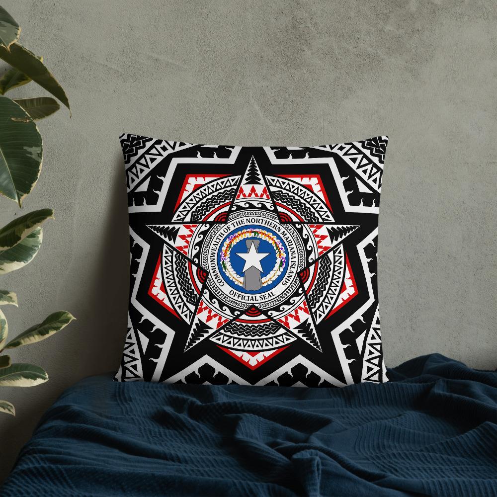 Northern Mariana Islands Pillow - Mandala Star Patterns 22×22 Black Pillow - Polynesian Pride