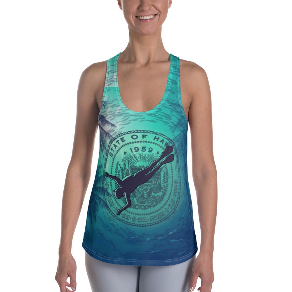 Hawaii Dive Coat Of Arm Women's Racerback Tank Blue - Polynesian Pride