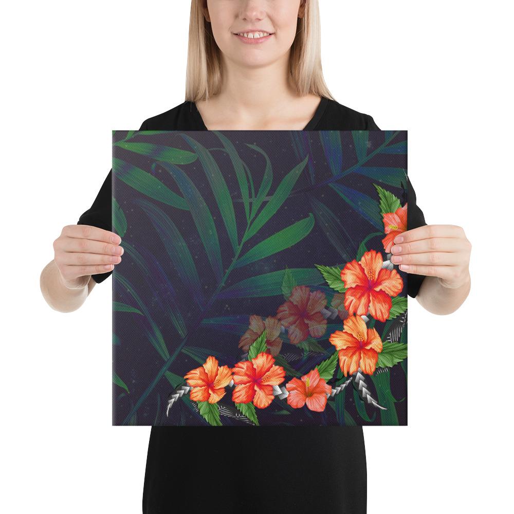 Hibiscus Palm Background Canvas 16x16 Canvas White - Polynesian Pride