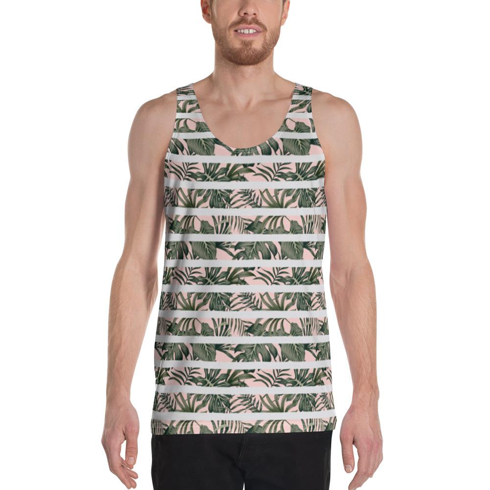 Tropical Dark Green Leaves Hawaii Men's Tank Top AH White - Polynesian Pride