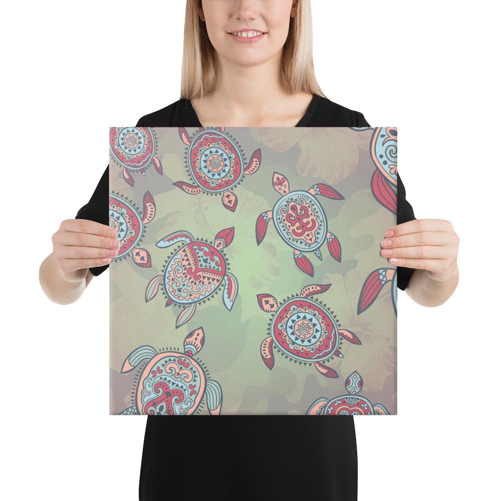 Turtle Colorful Hibiscus Backgorund Canvas 16x16 Canvas White - Polynesian Pride