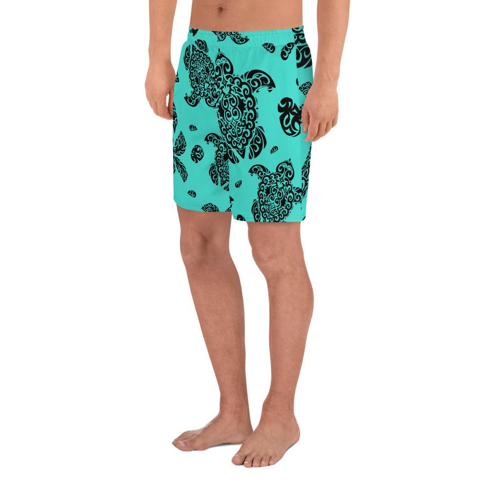 Polynesian Turtle Palm And Sea Pebbles Turquoise Men's Athletic Long Shorts - Polynesian Pride