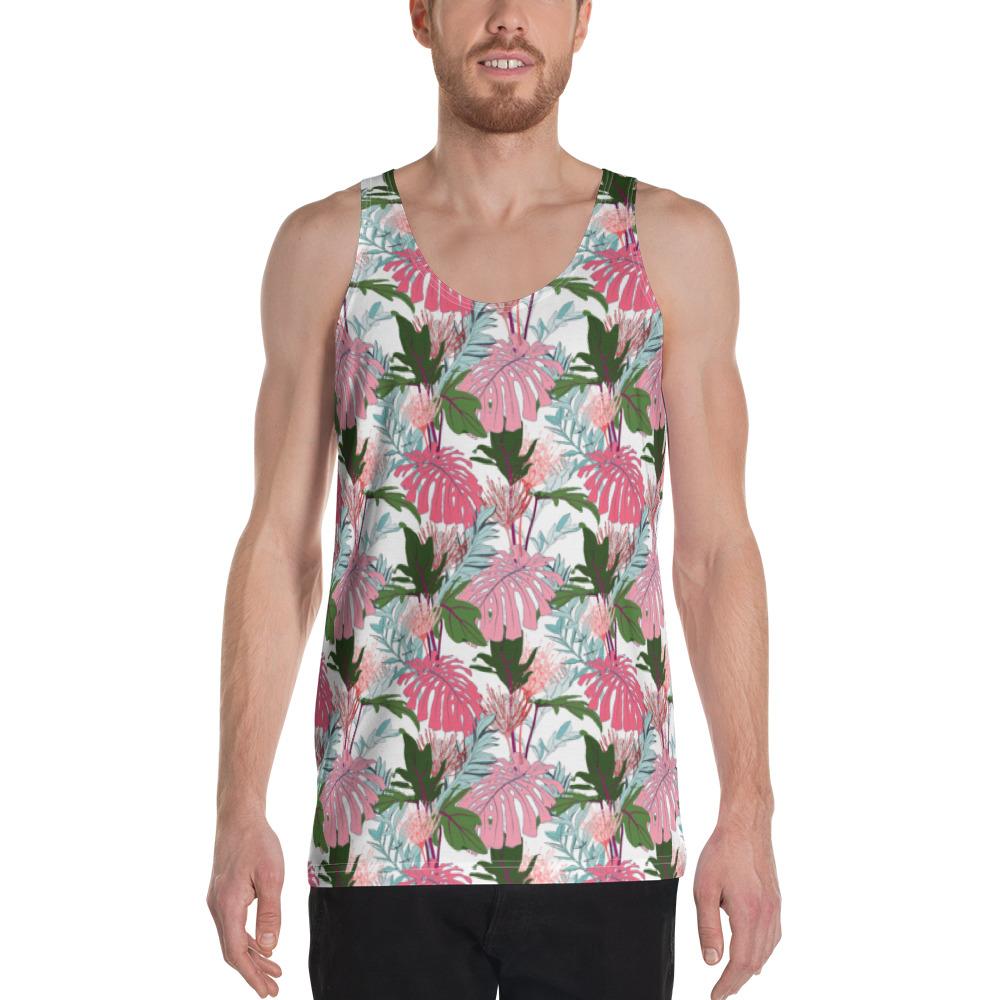 Pink Monstera And Green Tropical Leaves White Hawaii Men's Tank Top AH White - Polynesian Pride