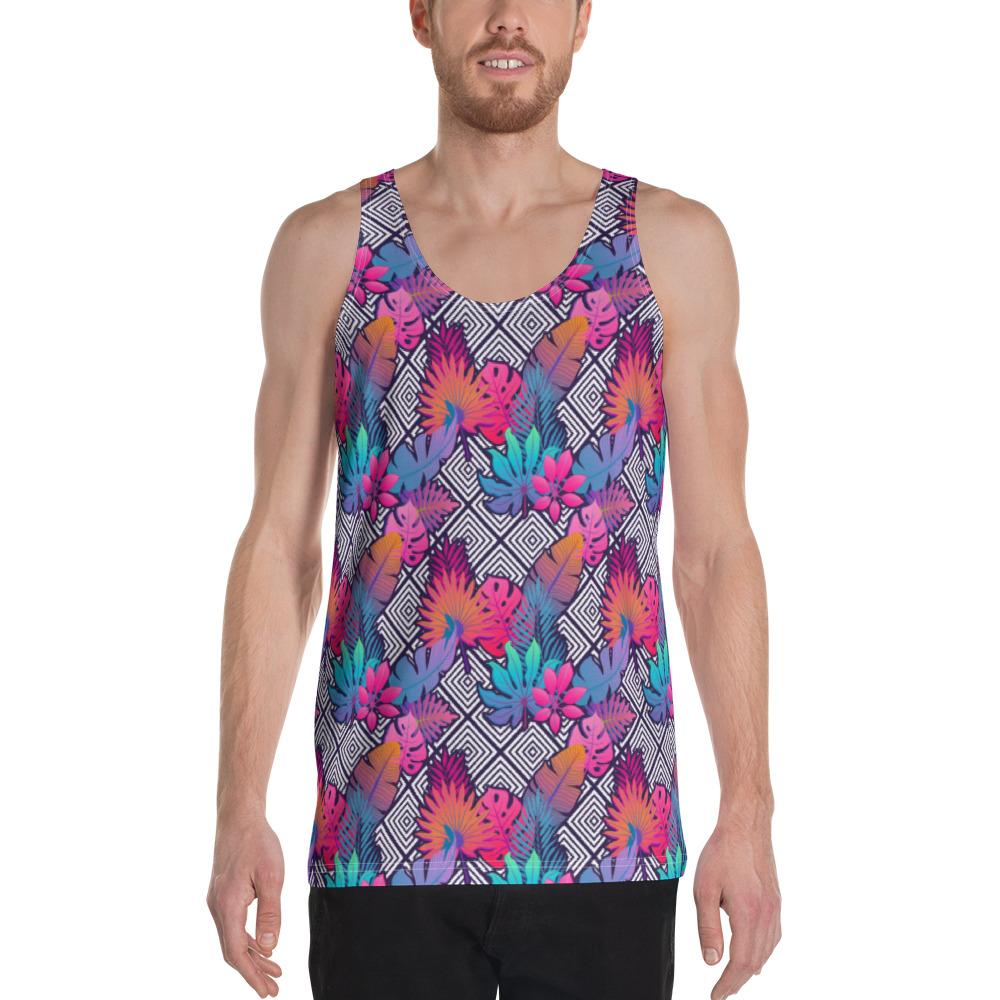 Tropical Exotic Leaves And Flowers On Geometrical Ornament. Hawaii Men's Tank Top AH White - Polynesian Pride