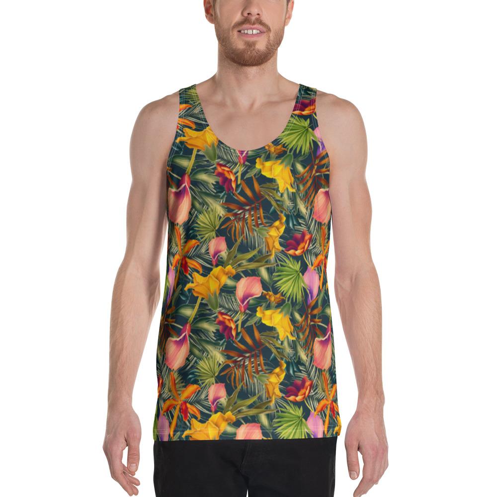 Seamless Tropical Flower Plant And Leaf Pattern Hawaii Men's Tank Top AH White - Polynesian Pride