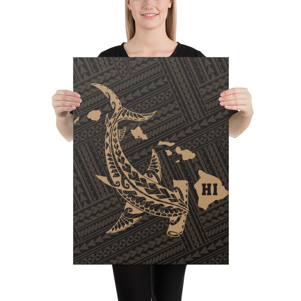 Hawaiian Map Hammerhead Shark Polynesian Canvas Gold 18x24 Canvas Gold - Polynesian Pride
