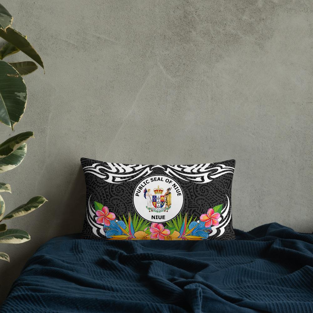 Niue Pillow - Coat Of Arms With Tropical Flowers 20×12 Black Pillow - Polynesian Pride