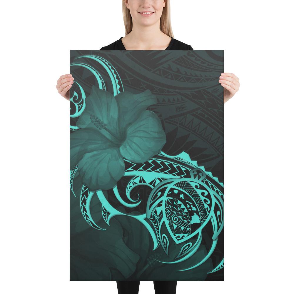 Hawaii Map Turtle Hibiscus Divise Polynesian Turquoise Canvas 24x36 Canvas Turquoise - Polynesian Pride