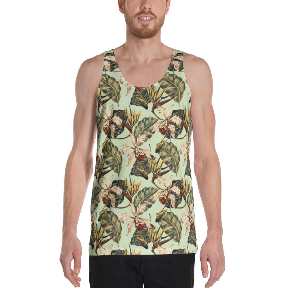 Hawaii Vintage Tropical Jungle Leaves Orchid Bird - Hawaii Men's Tank Top AH White - Polynesian Pride