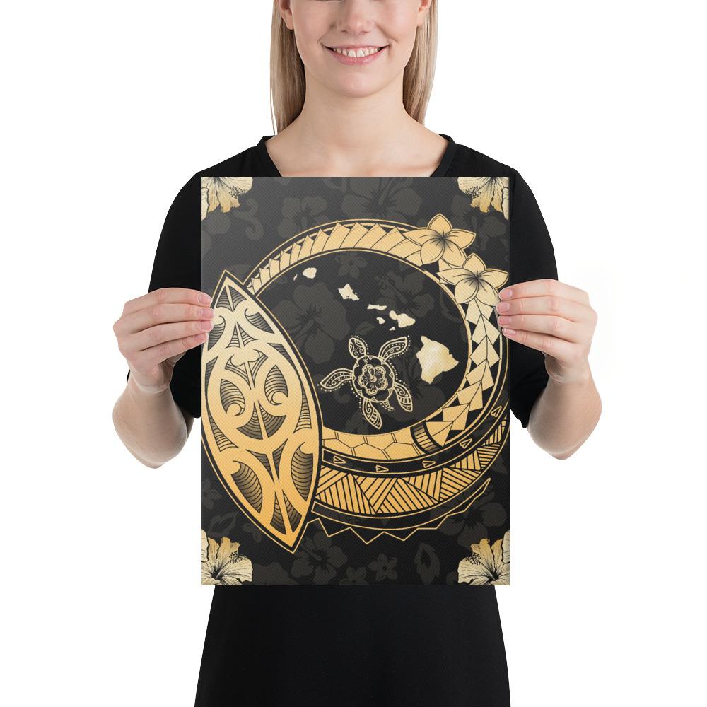 Hawaii Turtle Hibiscus Map Polynesian Gold Canvas 12x16 Canvas Gold - Polynesian Pride